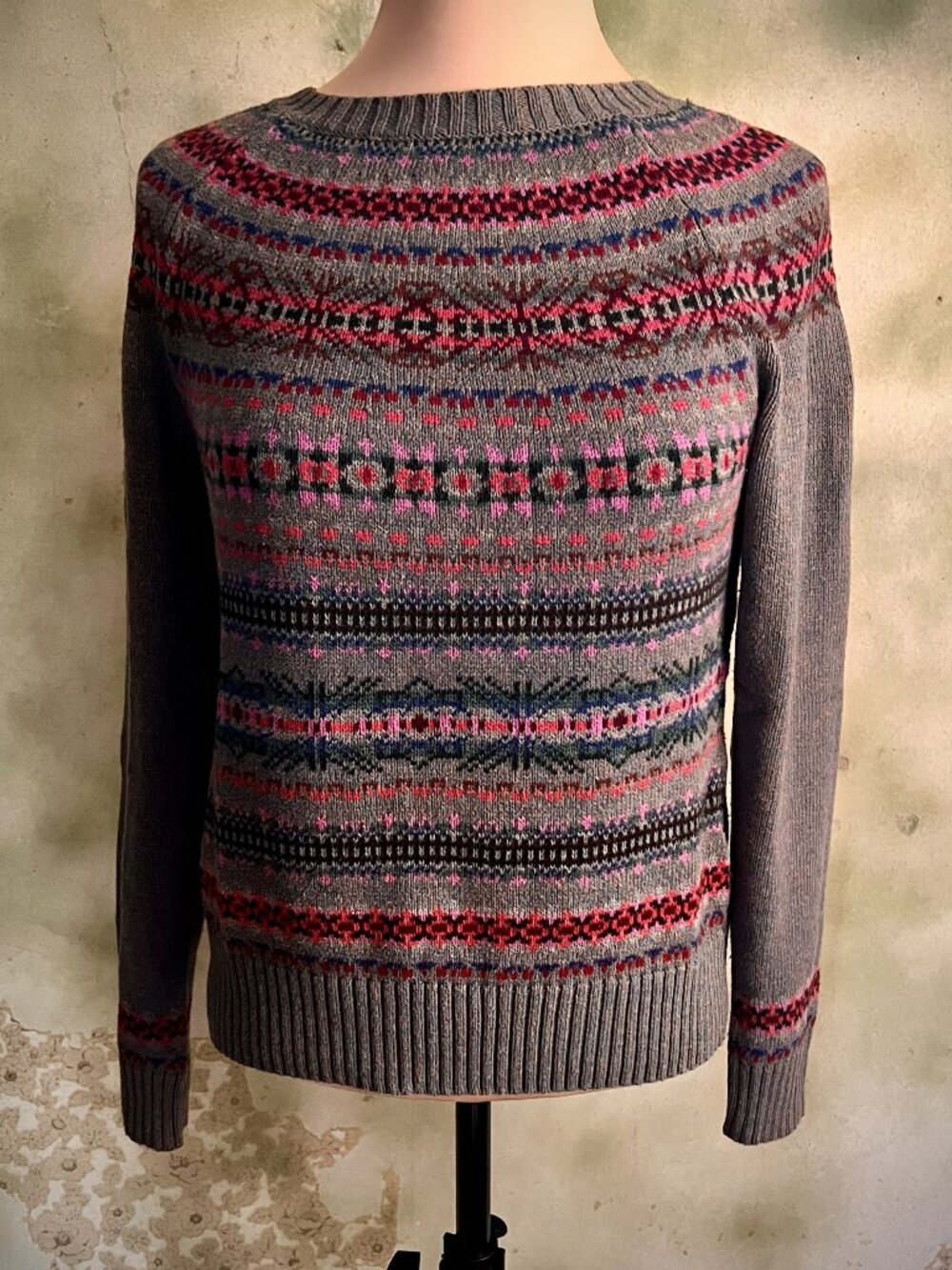 Chaps Fair Isle Sweater Gray Pink Blue Cotton Blend Size S/P